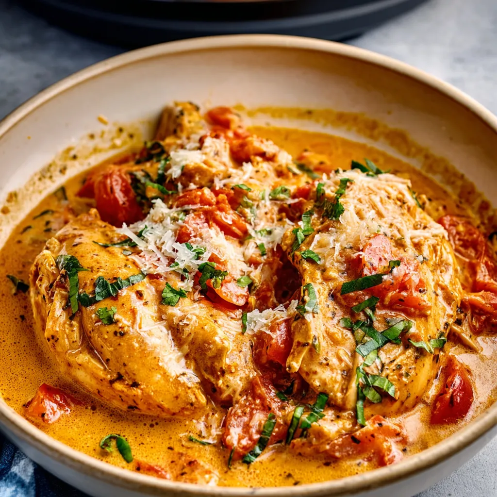 Close-up view of Slow Cooker Creamy Tomato Basil Chicken, showcasing the creamy sauce and tender chicken pieces.