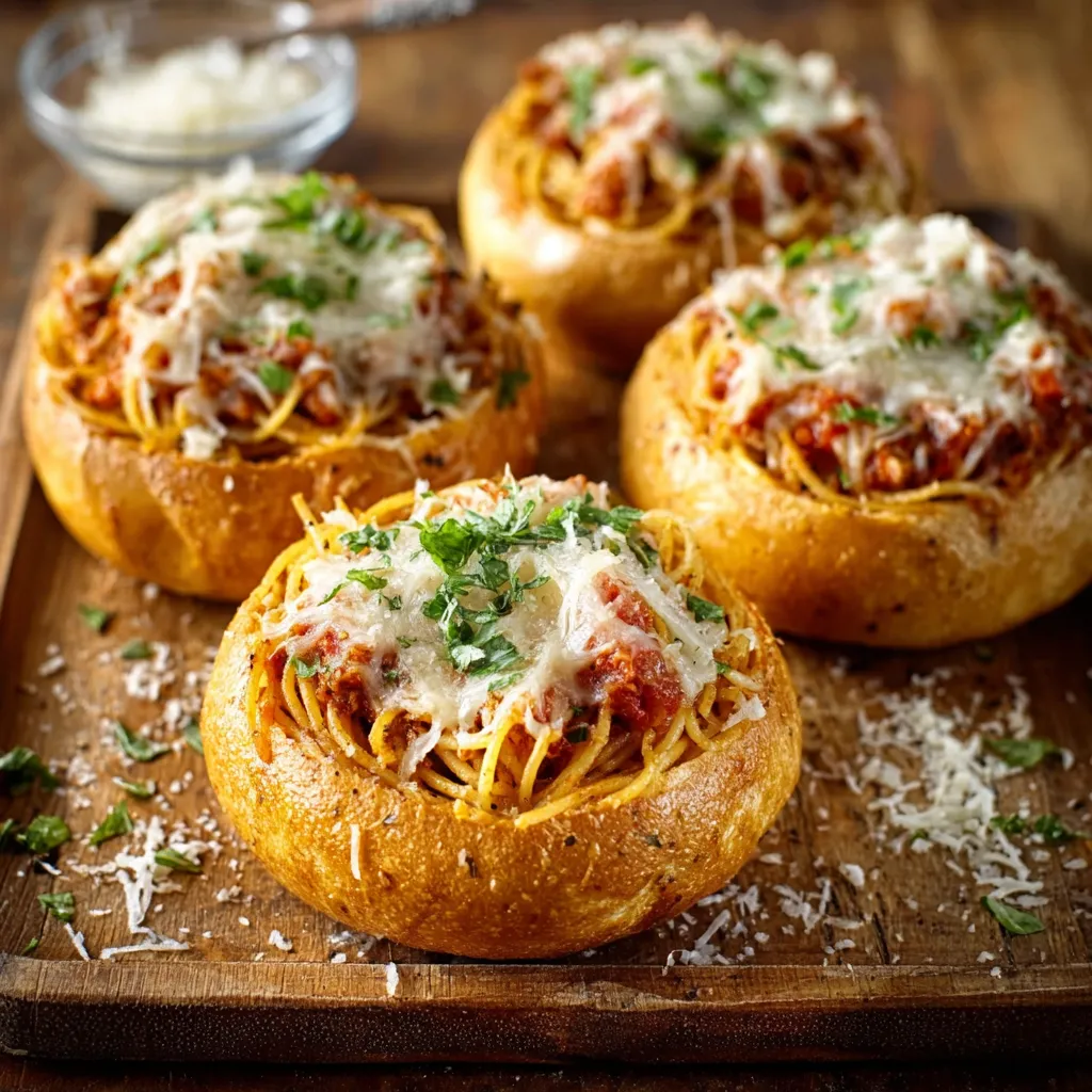 Close-up showing the delicious Spaghetti Garlic Bread Bowls, ready to eat.