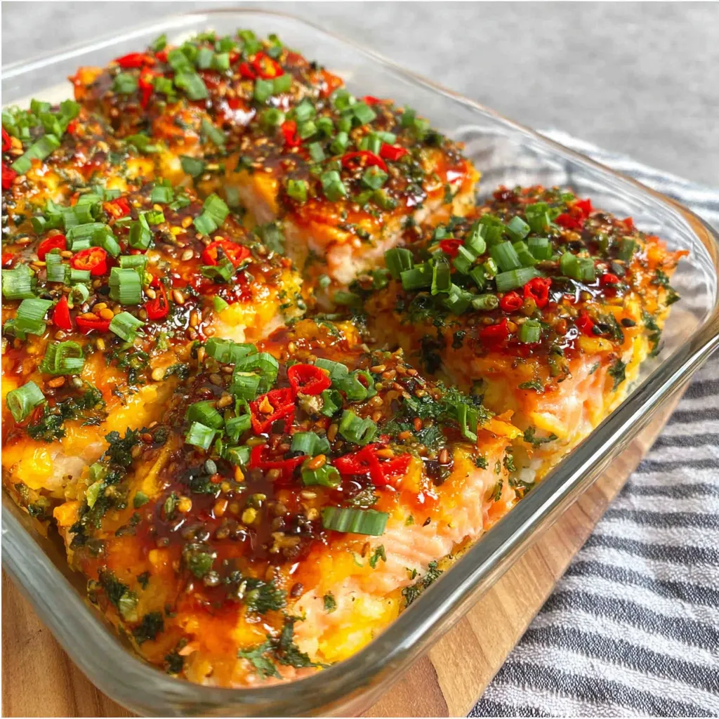 Close-up showing the creamy, spicy salmon topping of the finished Spicy Salmon Sushi Bake.