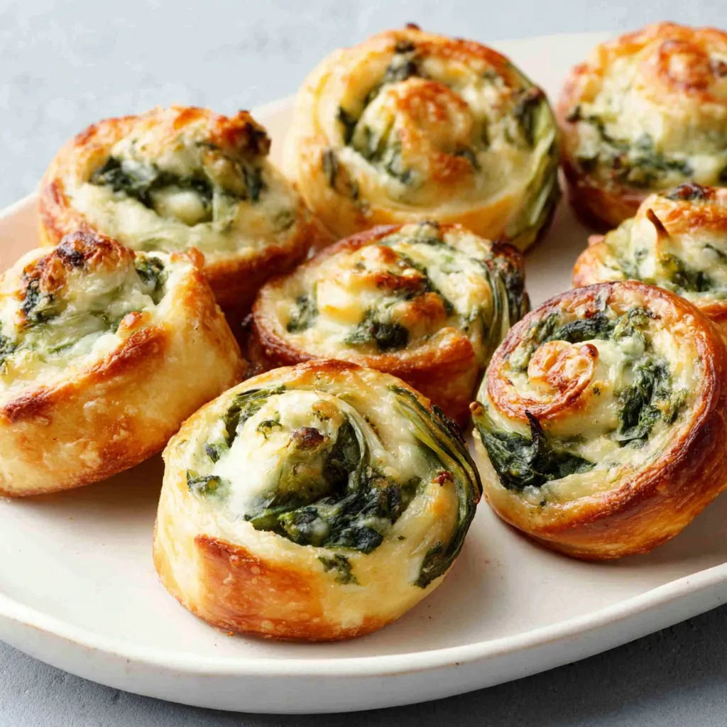 Close-up of golden-brown Spinach And Artichoke Pinwheels fresh from the oven, showcasing their flaky crust and creamy filling.