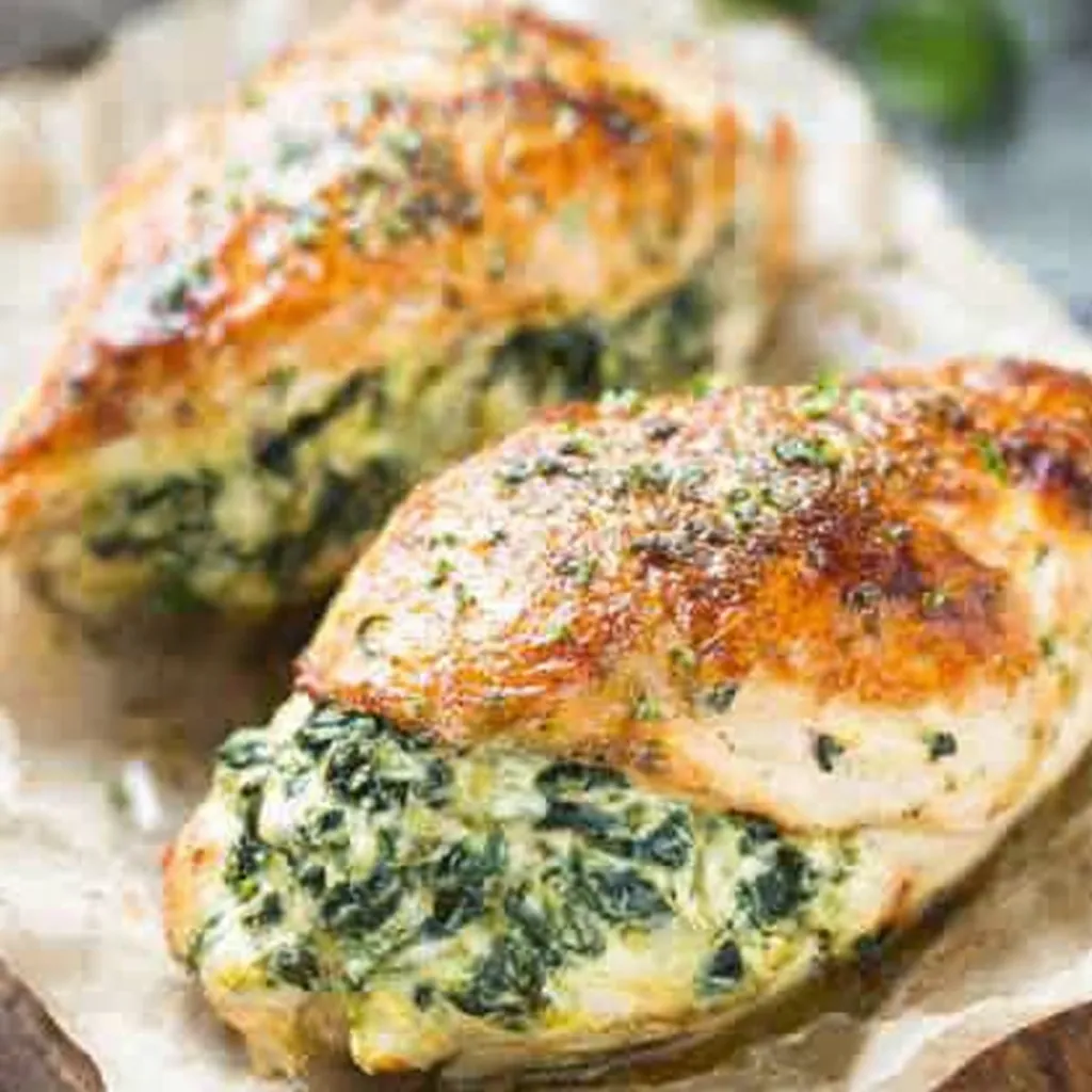 Close-up of golden-brown Spinach Stuffed Chicken Breasts, showcasing the juicy filling.
