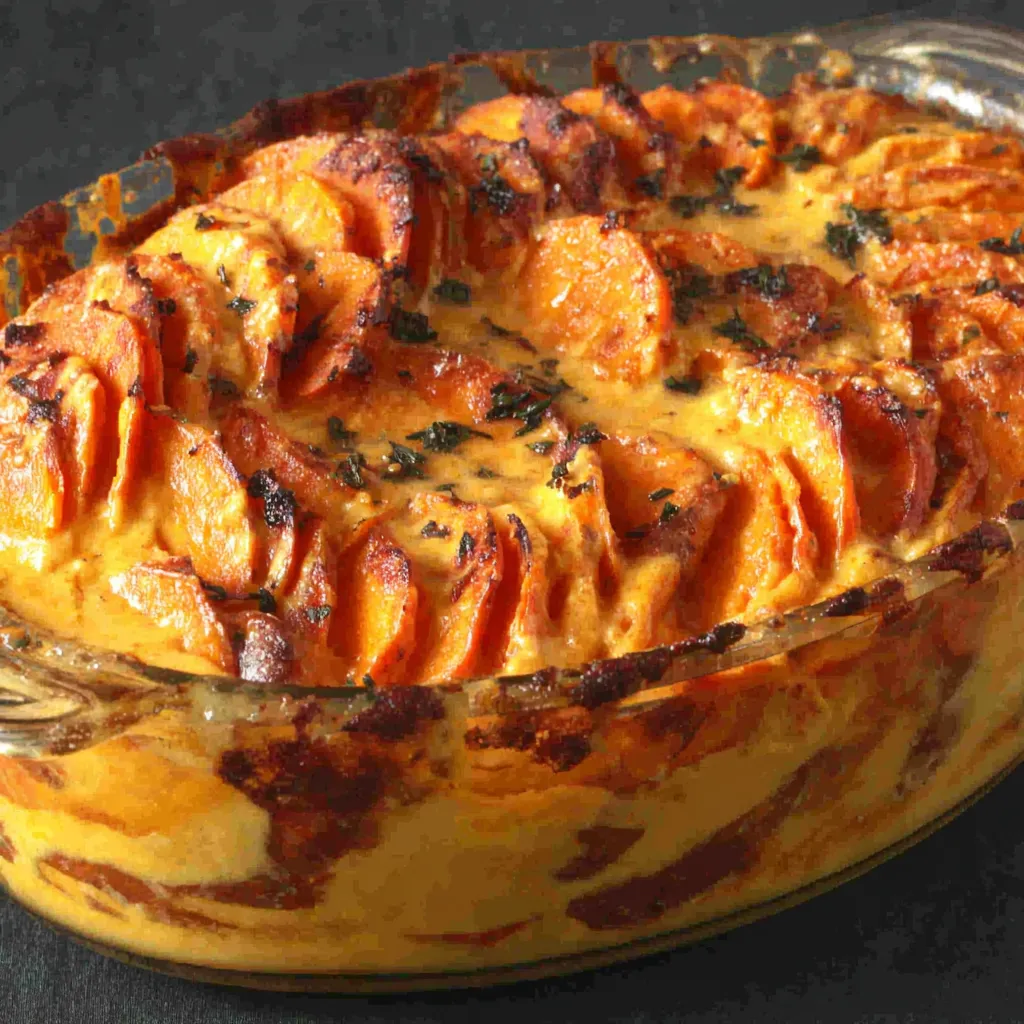 Close-up view of a freshly baked Sweet Potato Scalloped Casserole, showcasing its creamy texture and golden-brown top.