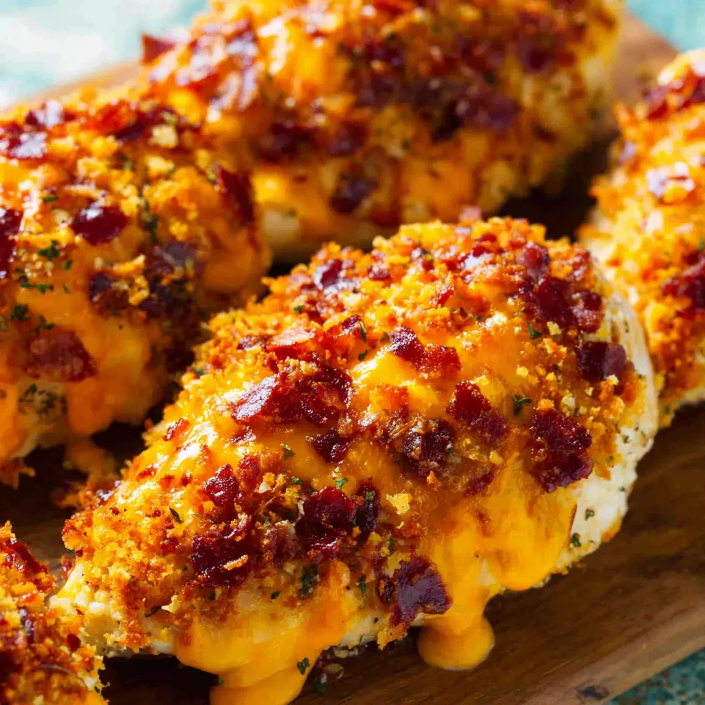 A close-up shot showcases juicy Baked Crack Chicken Breasts with a creamy, cheesy topping, ready to be served.