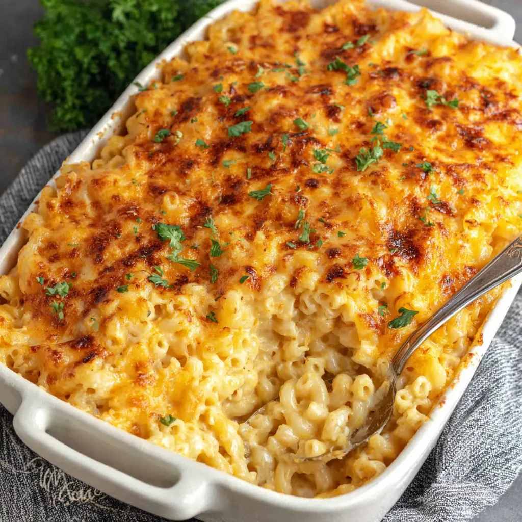 A close-up shot of golden brown, bubbly Baked Mac and Cheese, showcasing its creamy texture and baked topping.
