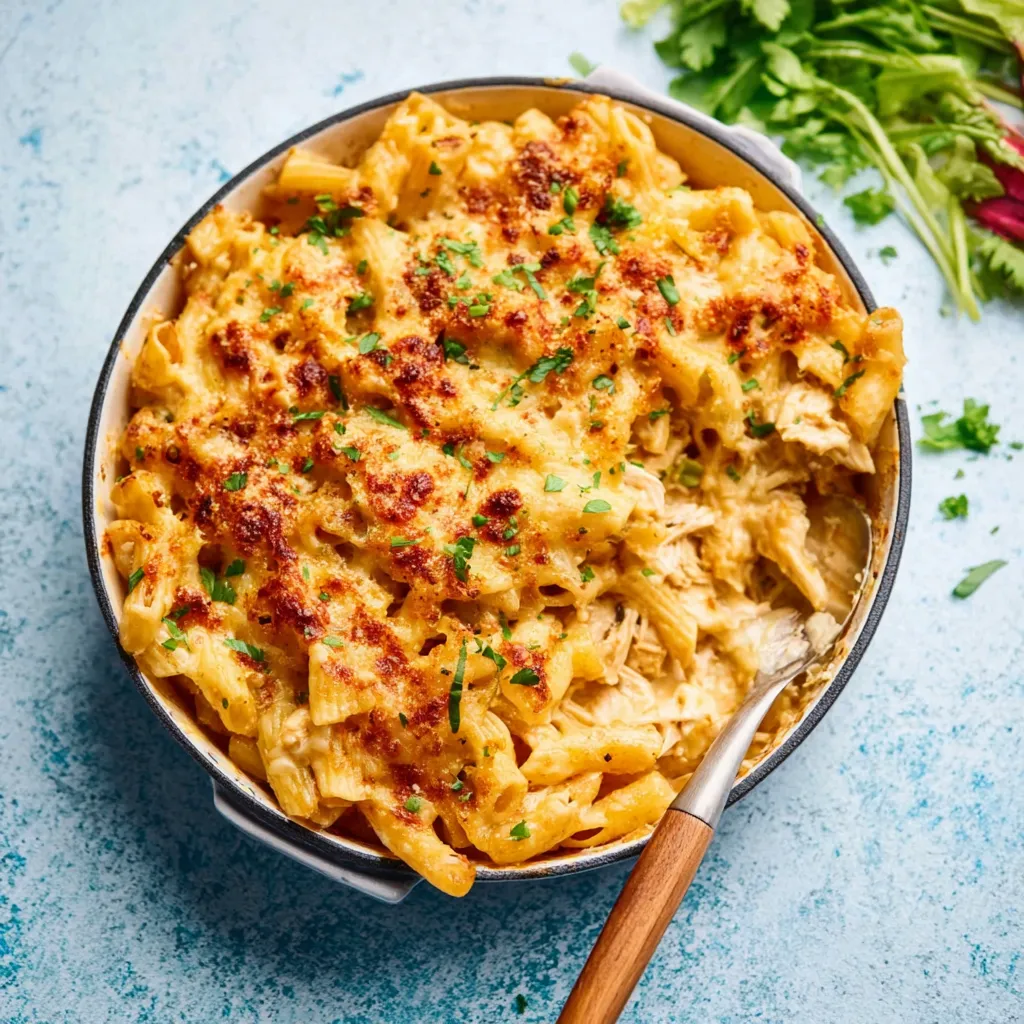 A close-up shot of a delicious Cheesy Chicken Pasta Bake, showcasing the golden-brown, bubbly cheese topping.
