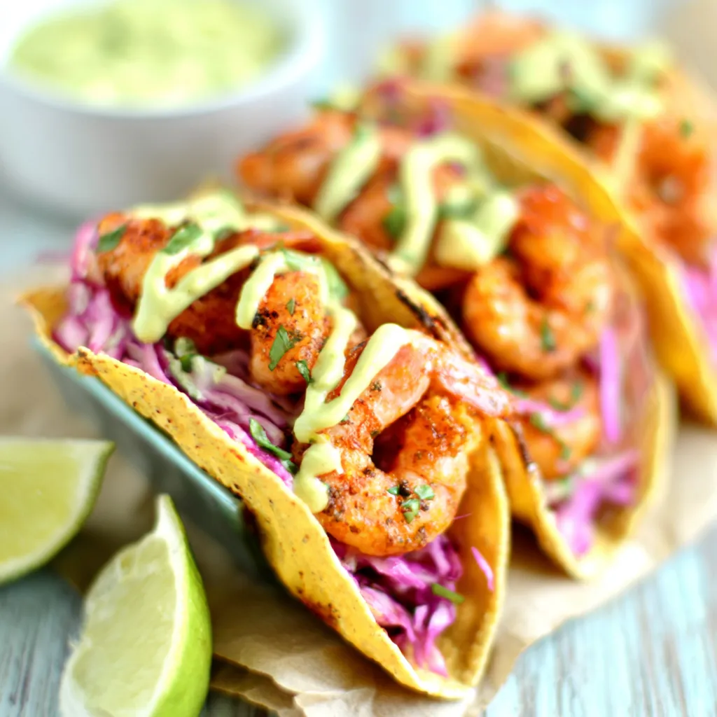 Close-up of delicious Creamy Spicy Shrimp Tacos showing the creamy sauce and juicy shrimp filling.