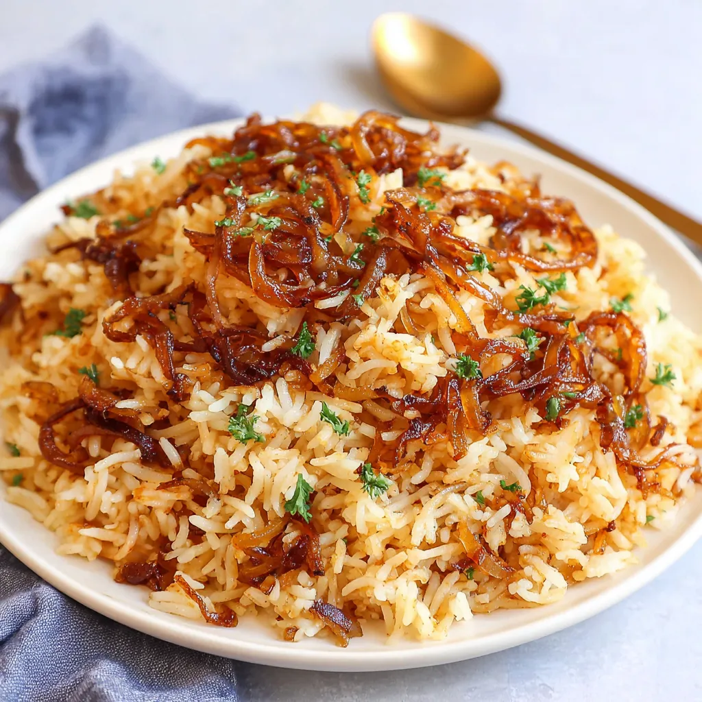 A close-up shot showcases a serving of creamy French Onion Butter Rice, highlighting its rich texture and golden-brown caramelized onions.