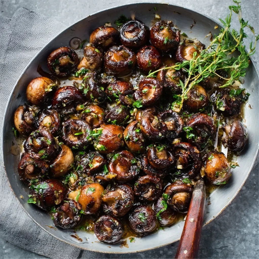 A close-up shows perfectly browned and savory Roasted Mushrooms, ready to be enjoyed.
