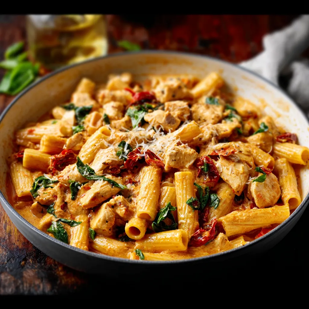 Close-up of creamy Tuscan Chicken Pasta with sun-dried tomatoes and spinach, ready to be served.