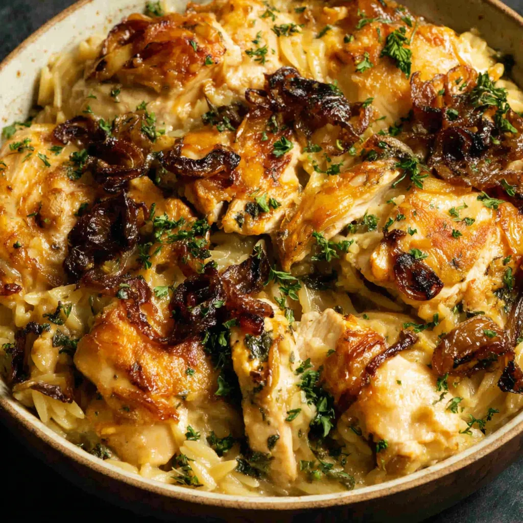 A close-up showcases the golden-brown, bubbly topping of the Cheesy French Onion Chicken Orzo Casserole, highlighting its cheesy, savory goodness.