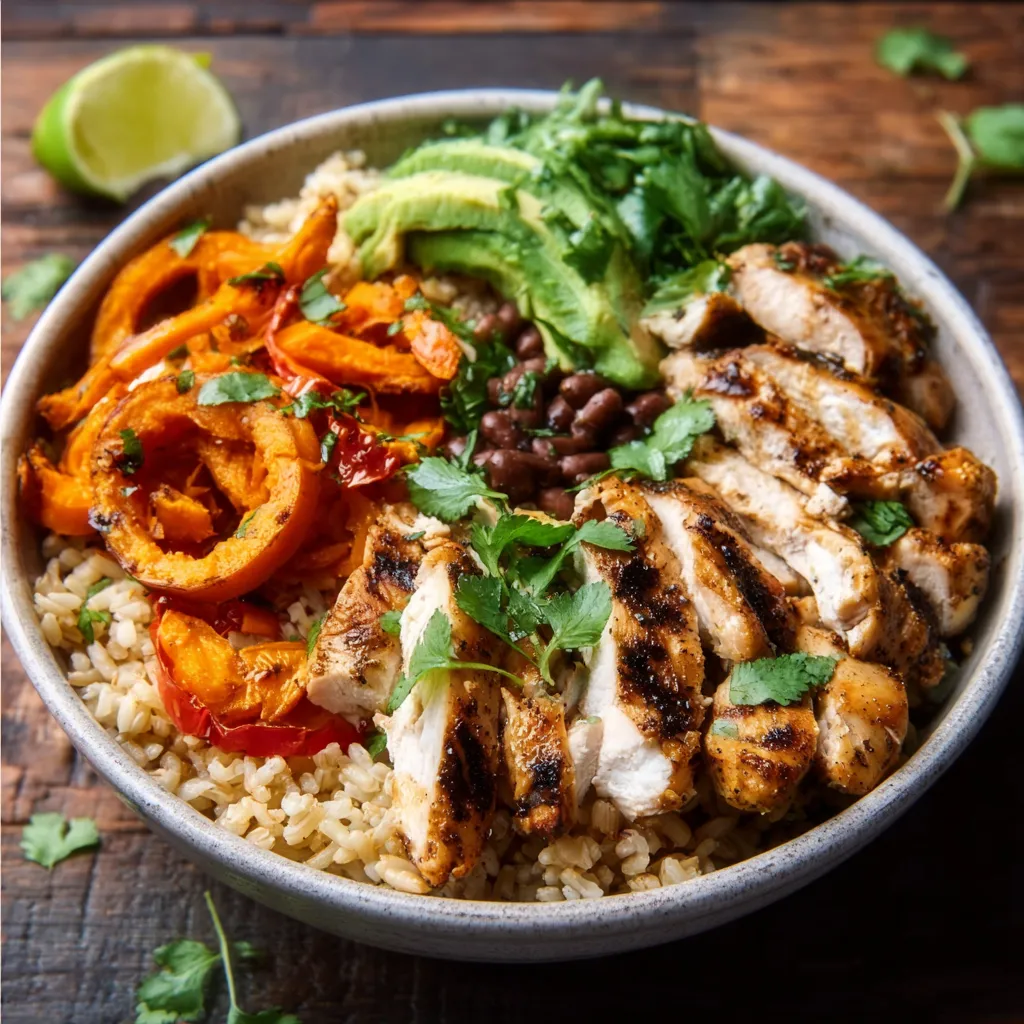 Chicken Sweet Potato Rice Bowl featured image shows a colorful and appetizing bowl filled with chicken, sweet potato chunks, and rice.