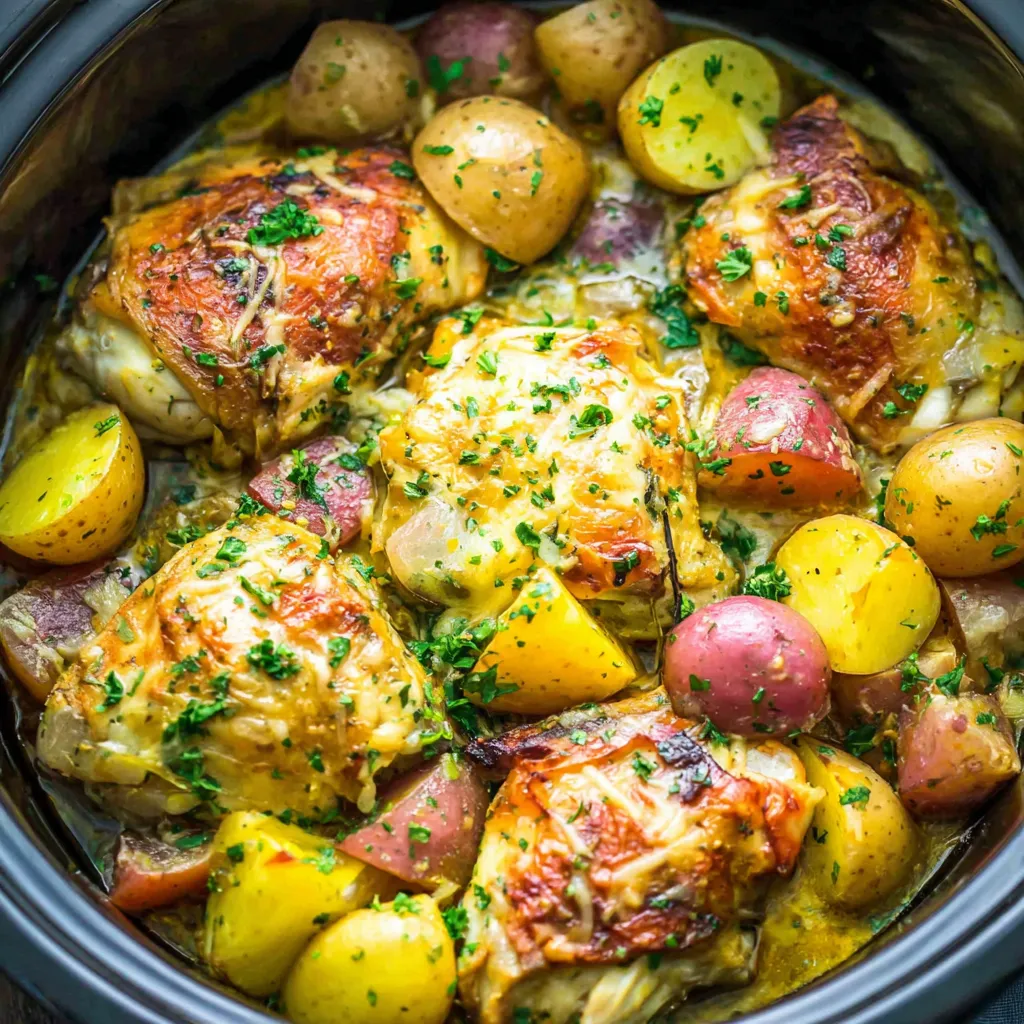 Creamy Garlic Parmesan Crockpot Chicken and Potatoes, a delicious and easy dinner, are featured in this image.
