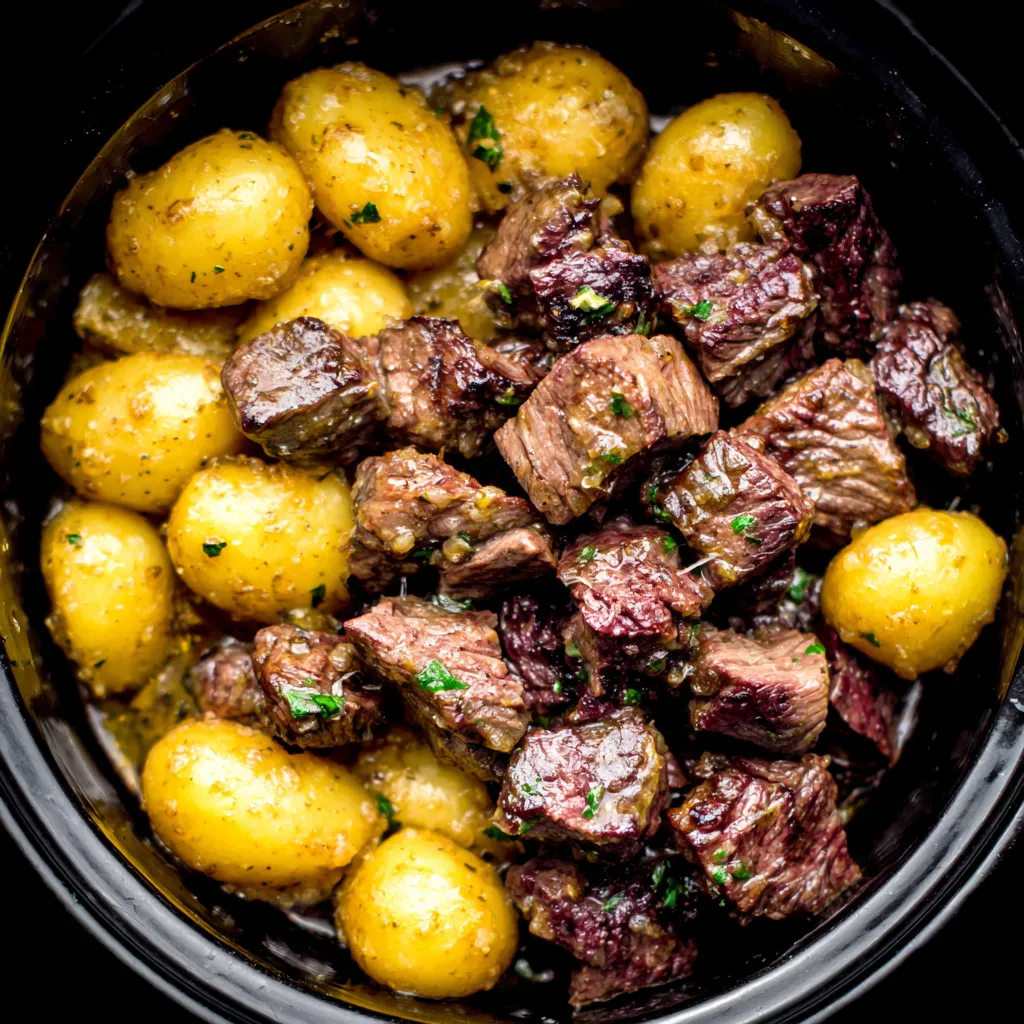 Featured image of delicious Slow Cooker Garlic Butter Beef Bites with Potatoes, showcasing the tender beef and golden potatoes.
