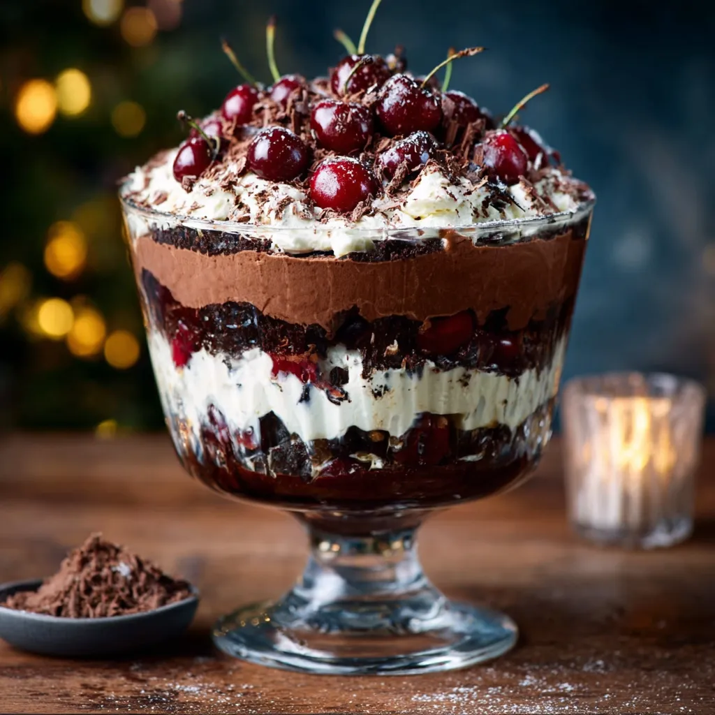 Delicious Black Forest Trifle featured image showcasing layers of chocolate cake, whipped cream, cherries, and chocolate shavings.