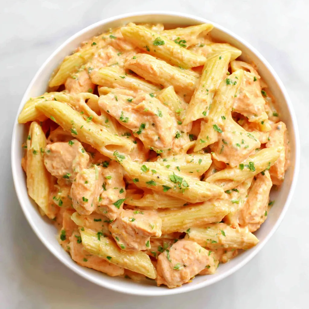 A close-up shot showcases the creamy, cheesy texture of Buffalo Chicken Pasta, highlighting the vibrant colors of the chicken, pasta, and sauce.