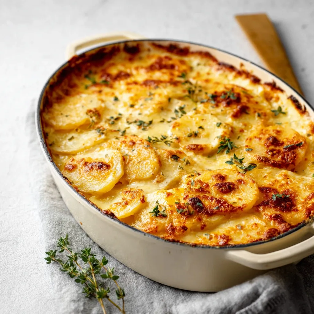 A close-up featured image showcases creamy, golden brown Cheesy Scalloped Potatoes, ready to be served.