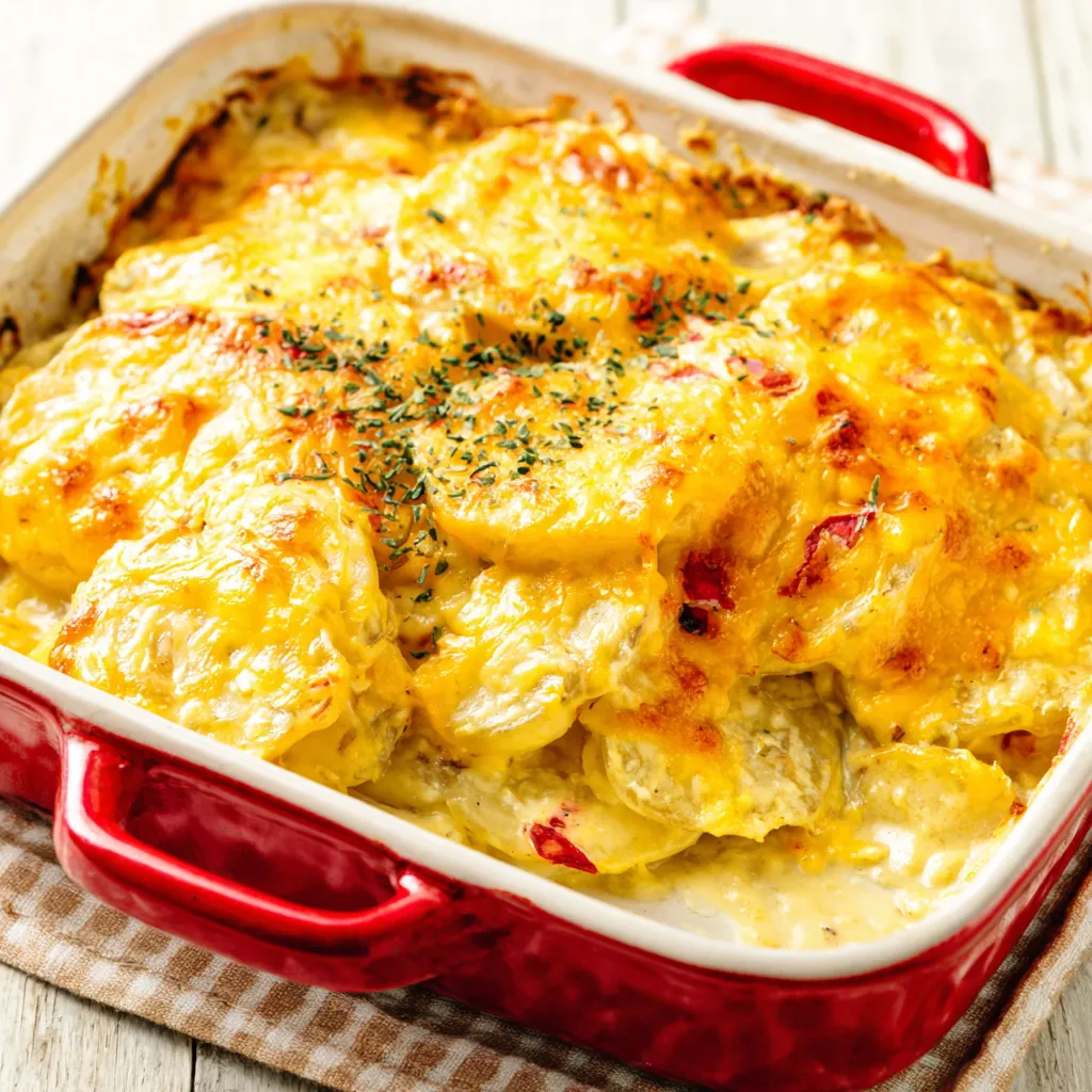A close-up shot showcases creamy and bubbly Cheesy Scalloped Potatoes, perfectly browned on top and ready to eat.