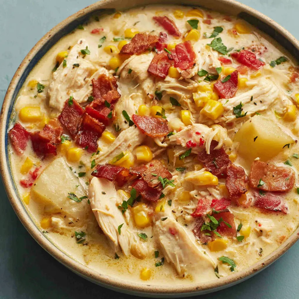 A bowl of creamy Chicken Corn Chowder, garnished with herbs, is shown as the featured image.