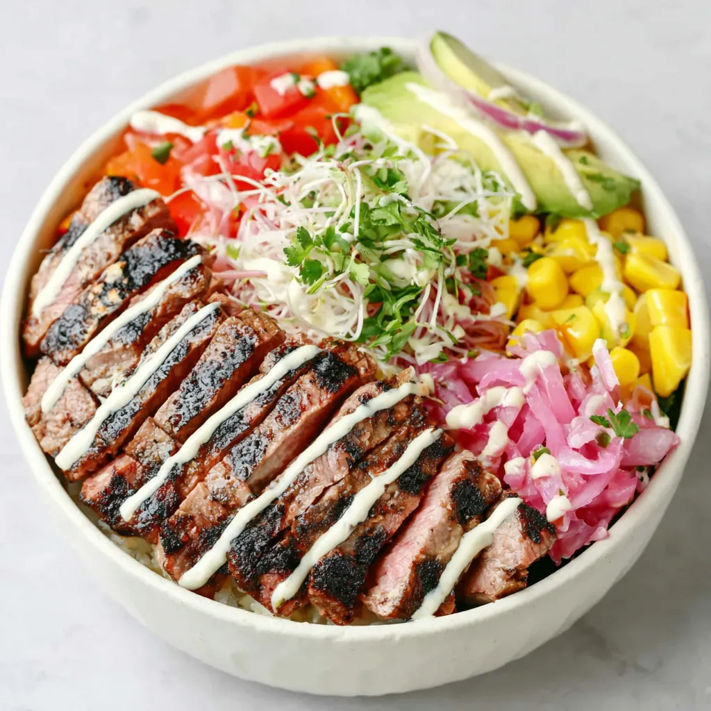 Cilantro Lime Steak Bowls overflowing with grilled steak, rice, and fresh toppings are featured in this appetizing image.
