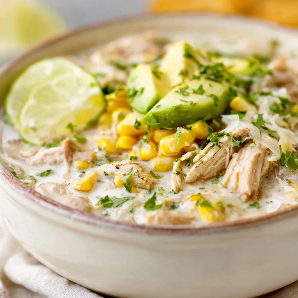 Creamy Crockpot White Chicken Chili is shown in a close-up, highlighting its rich texture and inviting presentation as the featured image.