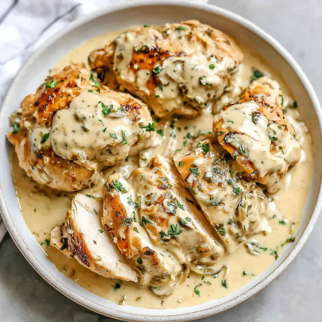 Creamy Garlic Chicken, a flavorful dish with a creamy sauce, is featured in this enticing image.