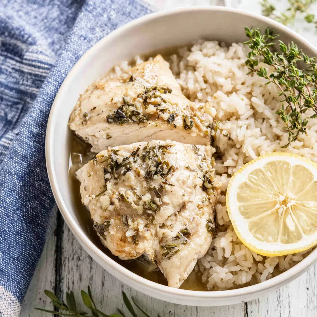Creamy Slow Cooker Lemon Herb Chicken and Rice is pictured, showcasing a delicious and easy weeknight meal.