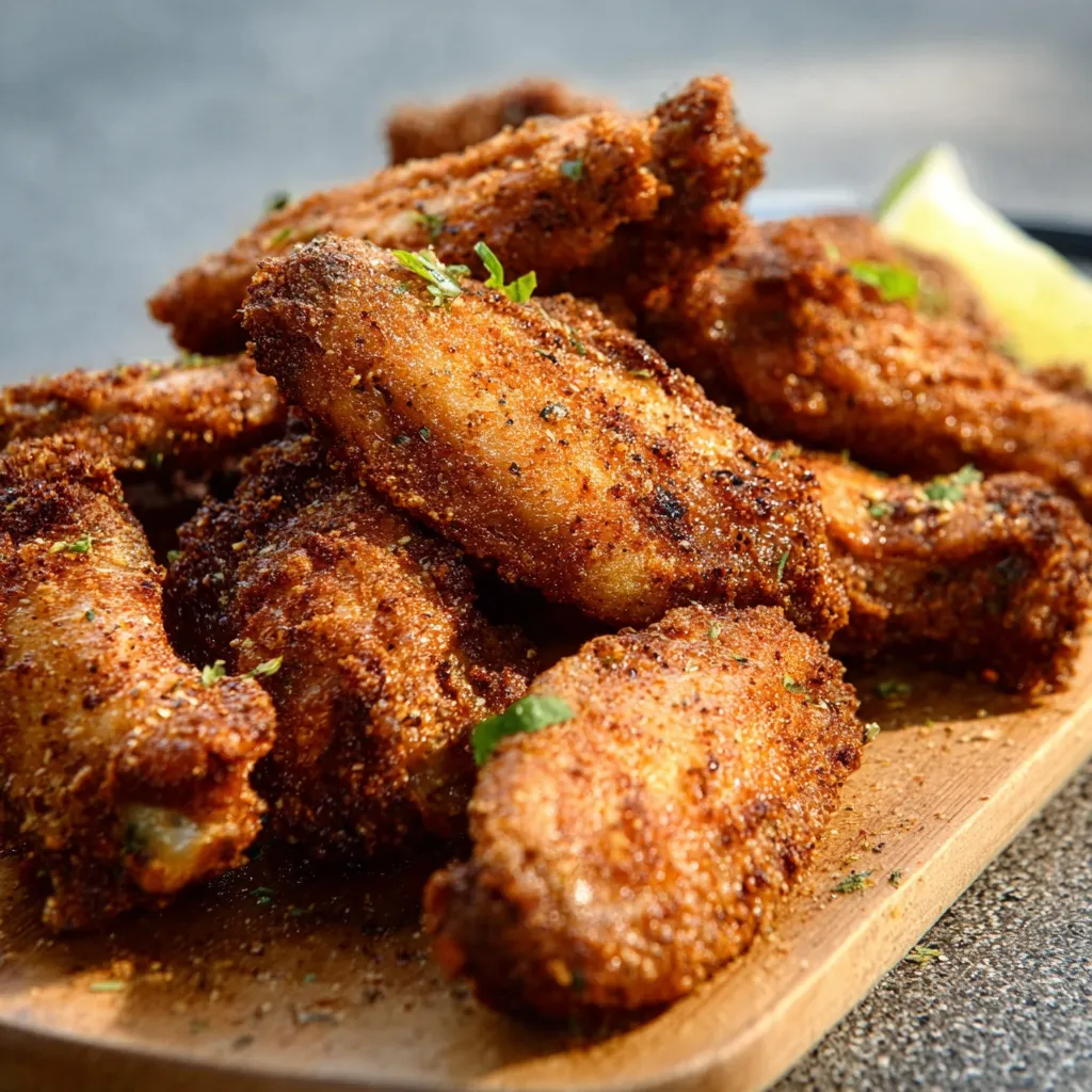 A close-up shot showcases the delicious texture and vibrant color of homemade Dry Rub Chicken Wings.