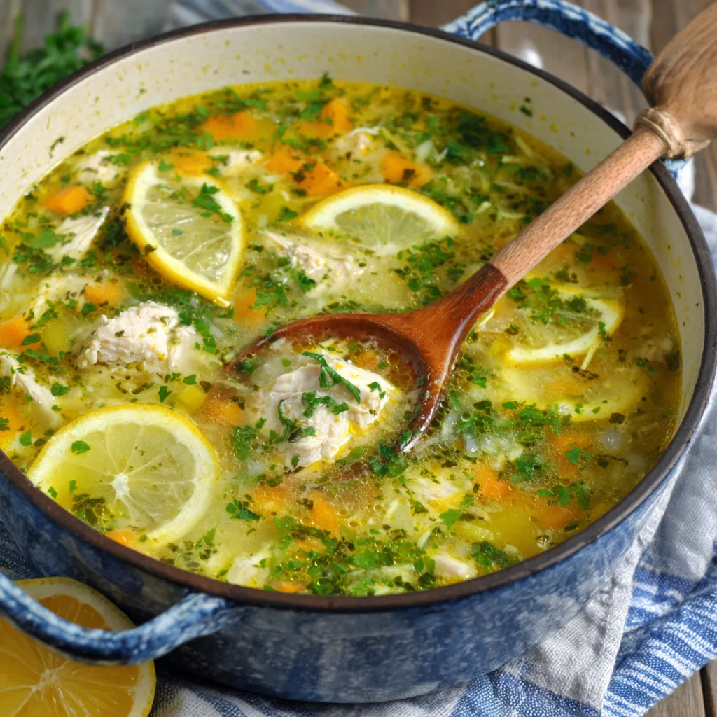 Close-up of creamy Greek Lemon Chicken Soup in a white bowl, showcasing its flavorful broth and tender chicken.