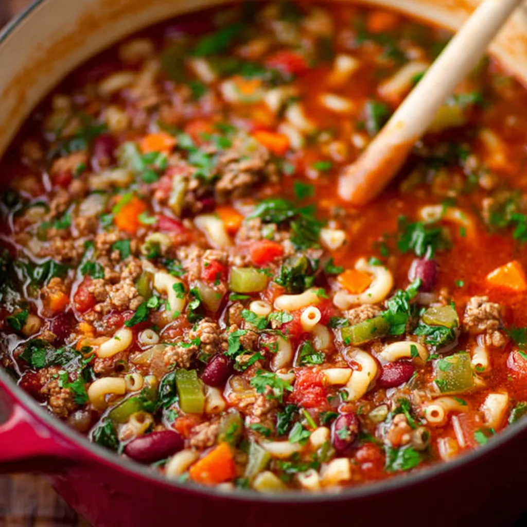 A close-up shot showcases a steaming bowl of Pasta e Fagioli Soup, highlighting the colorful vegetables and pasta in a rich, tomato-based broth.