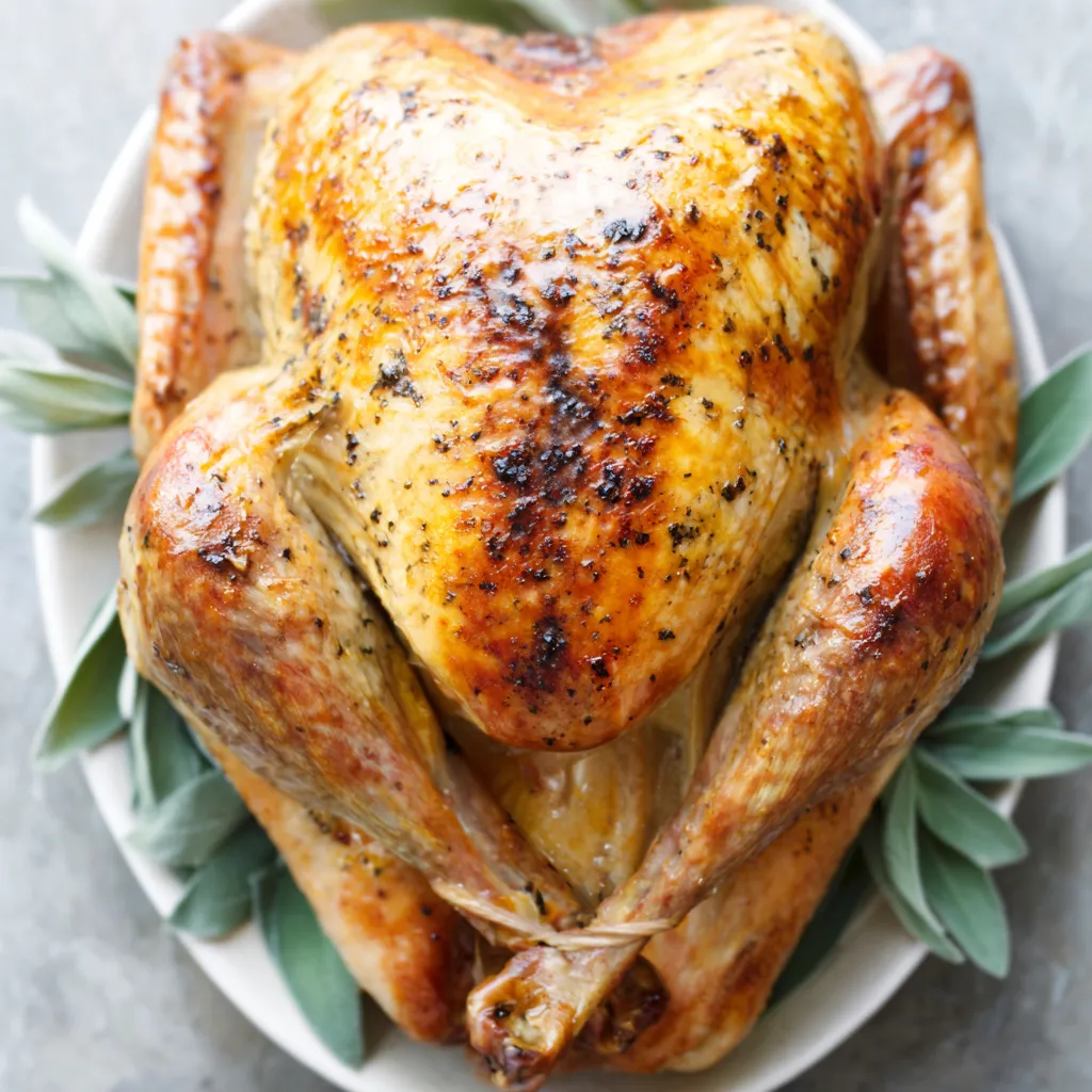 Delicious golden brown Roast Turkey, perfect for a holiday feast.