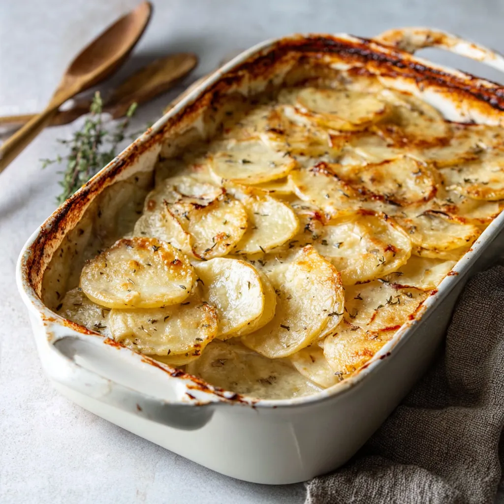 A close-up shot showcases creamy, golden-brown Scalloped Potatoes, perfectly baked in a casserole dish.