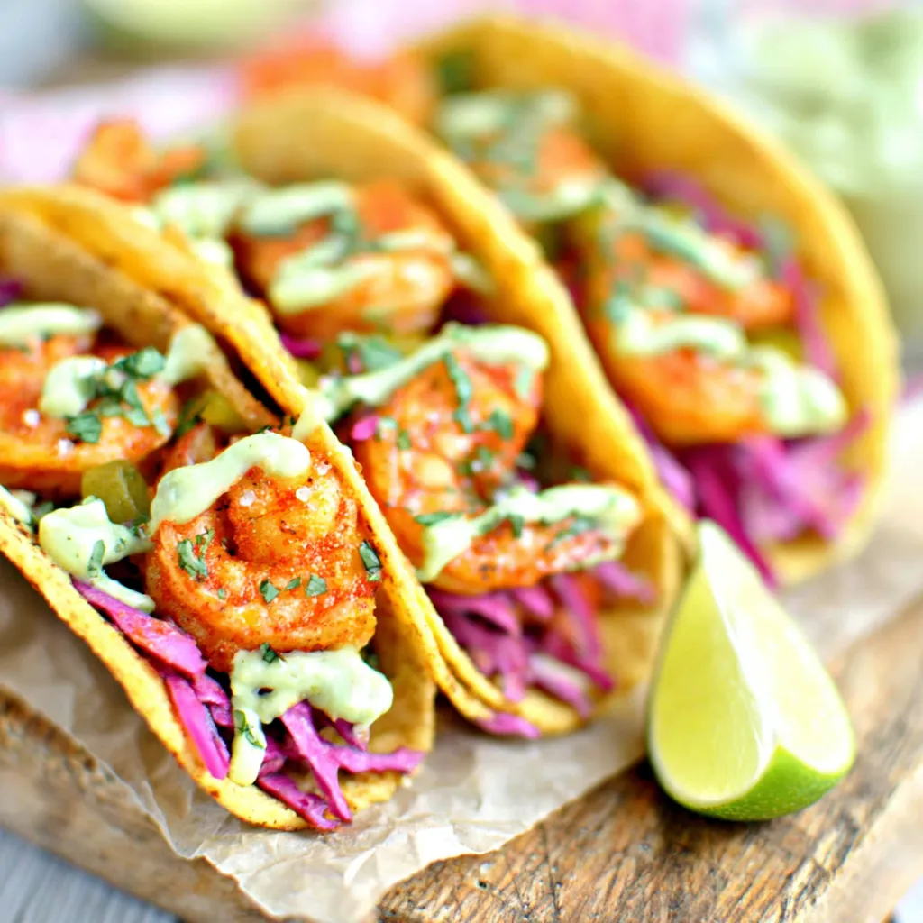Delicious Shrimp Tacos are shown as the featured image for this recipe.