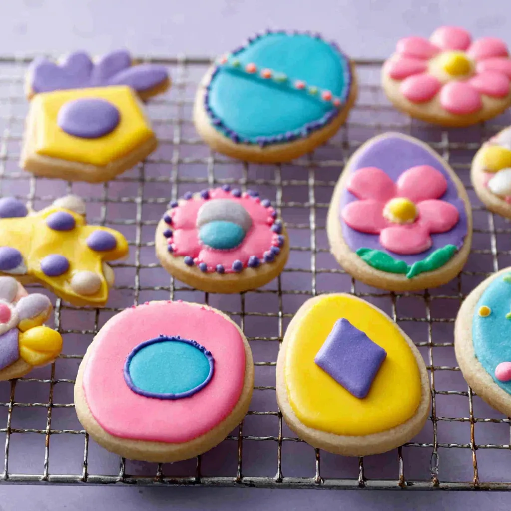 A close-up shows beautifully decorated Soft Cut Out Sugar Cookies arranged on a white surface, highlighting their intricate designs and soft texture.