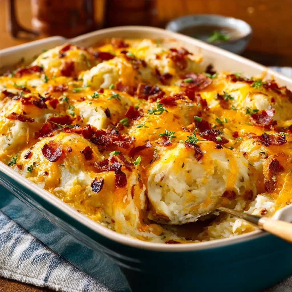 Delicious Twice Baked Potato Casserole, baked and ready to serve, is shown as the featured image.
