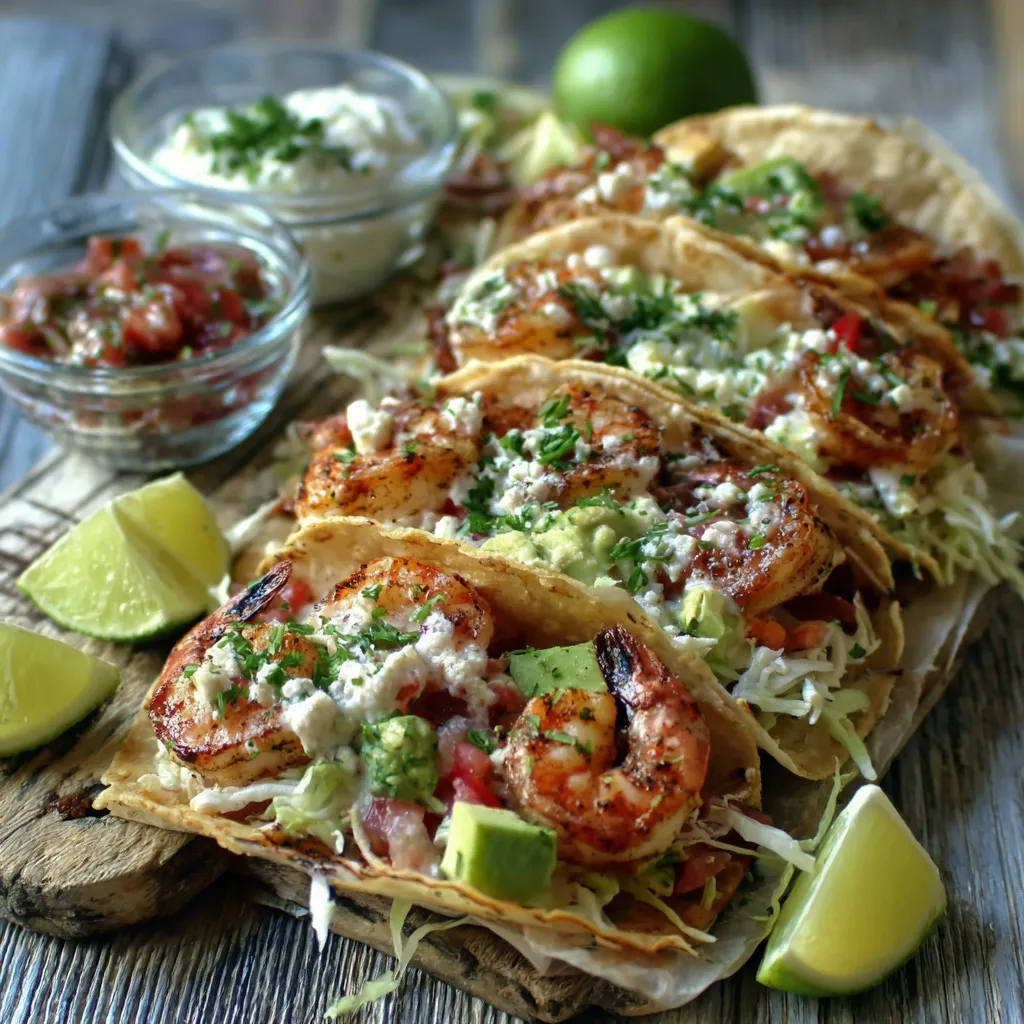 Close-up shows delicious Bronzed Shrimp Tacos with vibrant toppings, perfect for a flavorful meal.