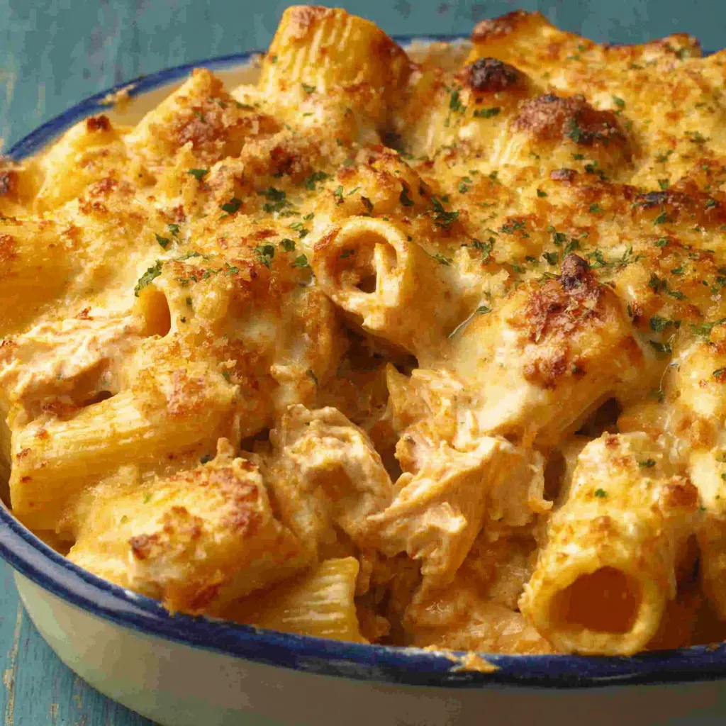 A close-up shot showcases a delicious Buffalo Chicken Pasta Bake, featuring golden-brown pasta, tender chicken, and a creamy buffalo sauce.