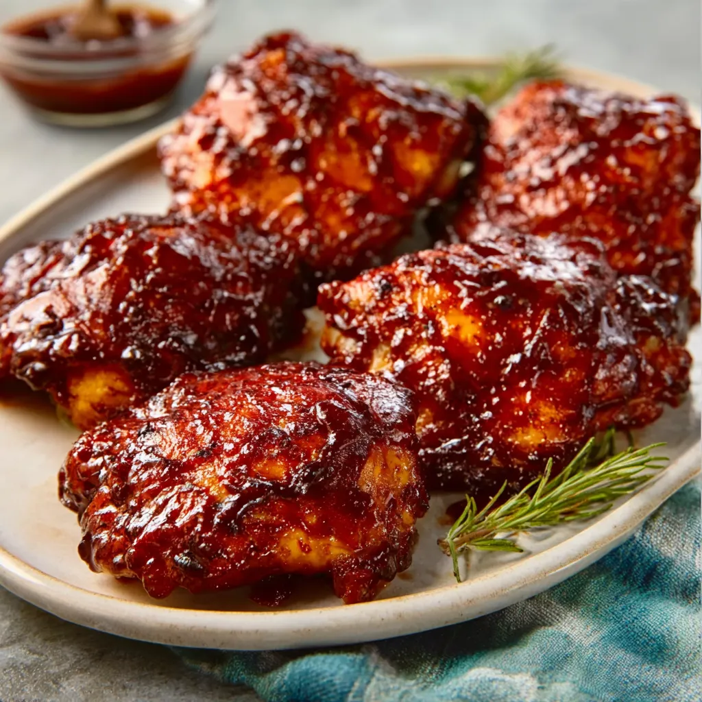Caramelized BBQ Chicken Thighs glistening with sauce are presented as the featured image for a delicious recipe.