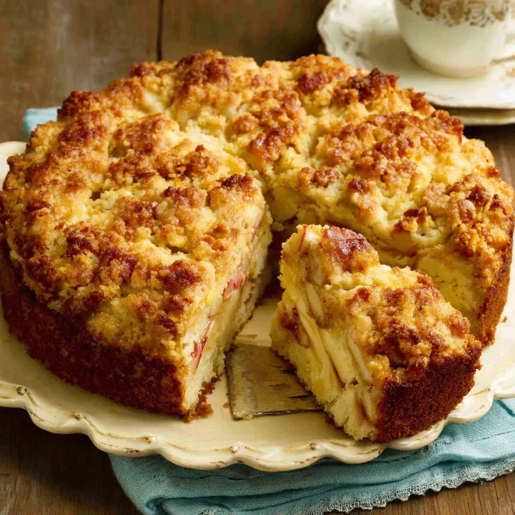 A close-up shot of a delicious Apple Crumb Cake showcases its golden-brown crumble topping and moist apple filling.