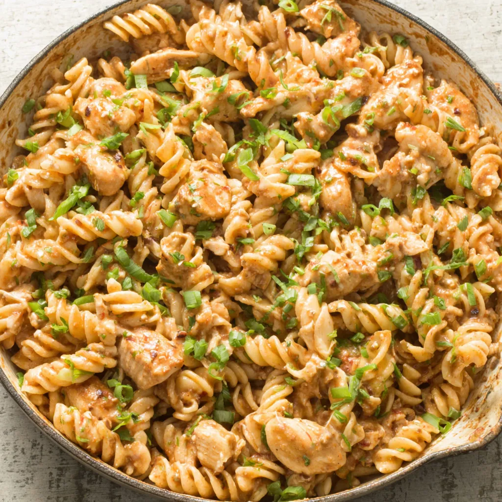 Close-up of a vibrant plate of Cajun Chicken Rotini, showcasing the creamy sauce and colorful vegetables.