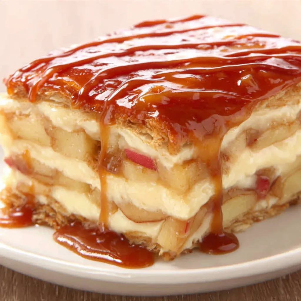 Caramel Apple Eclair Cake featured image showcasing a delicious dessert with layers of eclair pastry, caramel, and apple slices.