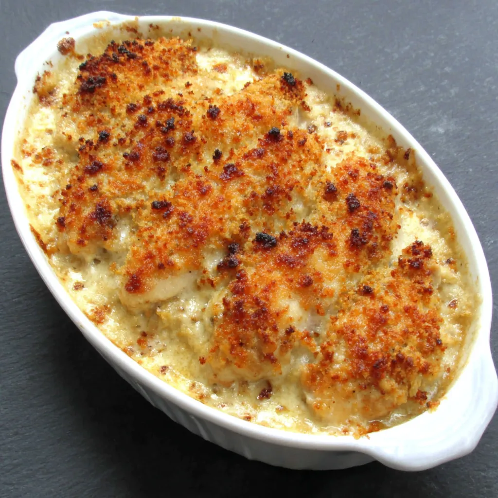Overhead view of a golden-brown Chicken Cordon Bleu Casserole, fresh from the oven and ready to be served.