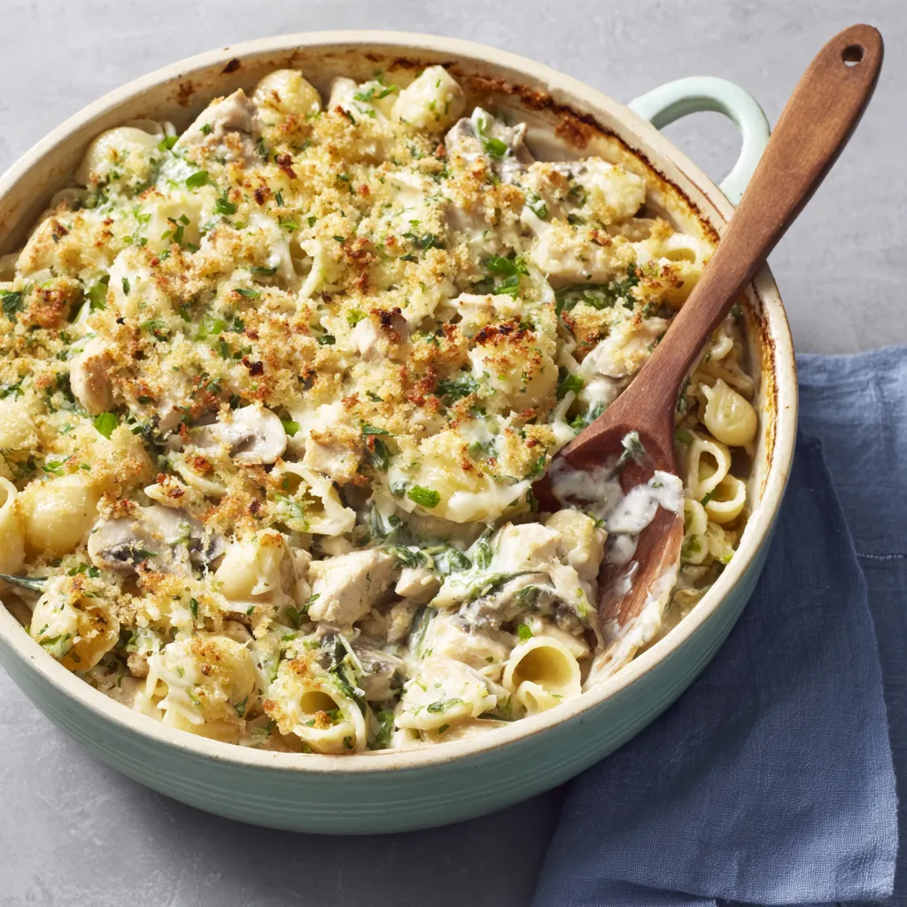 Creamy Chicken Pasta Bake with golden-brown topping, a comforting family dinner.