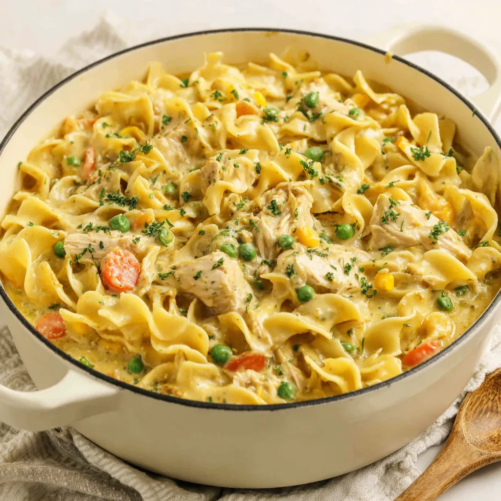 Chicken Pot Pie Pasta, a creamy and comforting dish, is beautifully presented as a featured image.