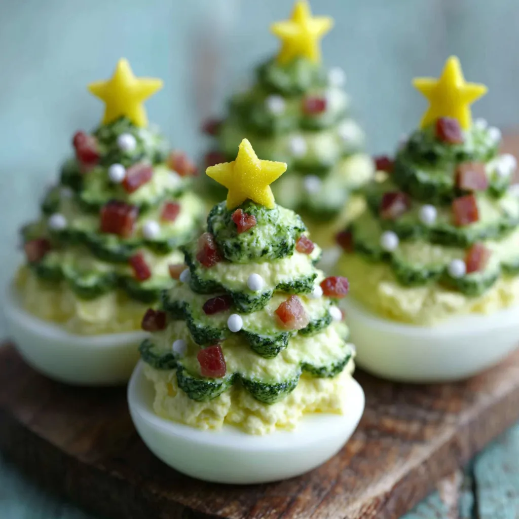A festive platter displays several green Christmas Tree Deviled Eggs garnished with colorful edible ornaments and a star on top.