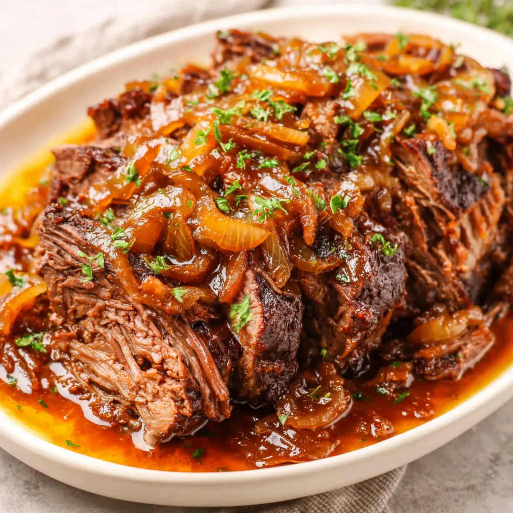 A close-up shot showcases a delicious French Onion Pot Roast with melted cheese and caramelized onions, ready to be served.