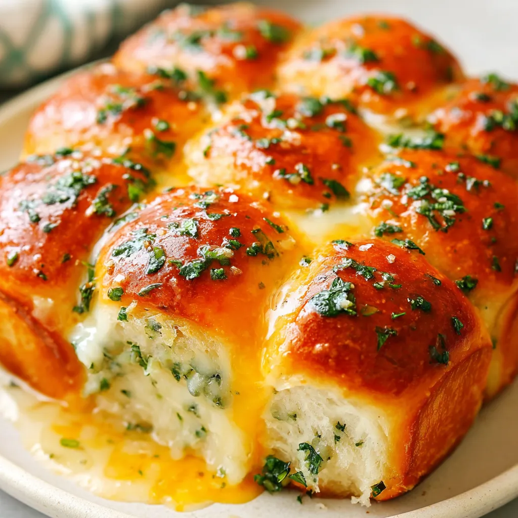 Close-up of golden-brown Garlic Butter Bread Rolls, showcasing their soft texture and buttery garlic topping.