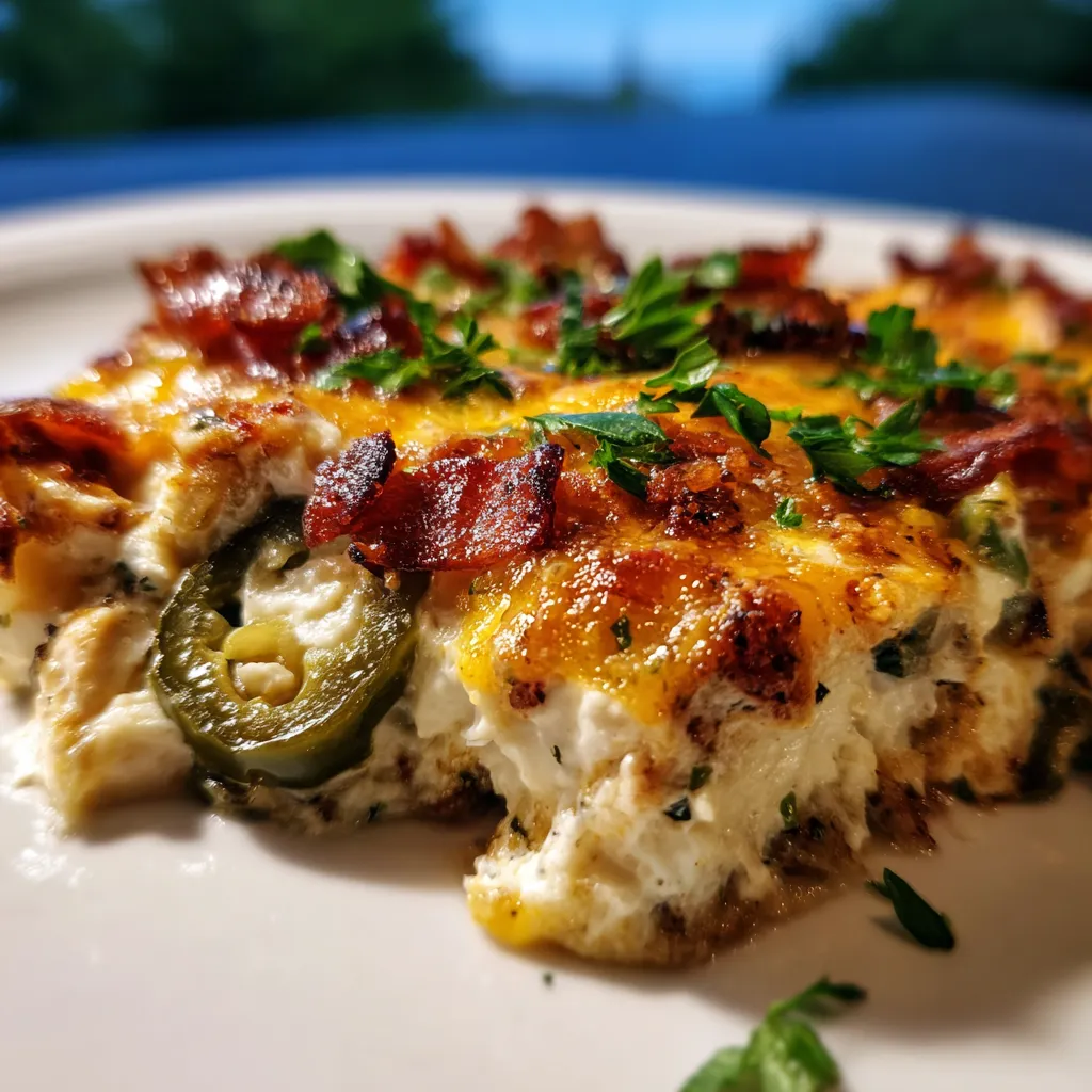 A close-up of a bubbly, golden Jalapeno Popper Chicken Casserole, showcasing its creamy texture and crispy topping.