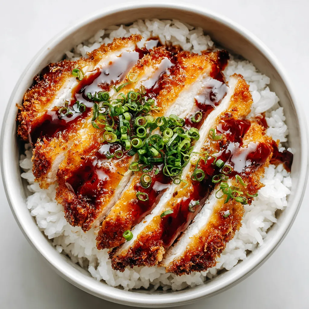 A close-up shot showcases delicious Japanese Katsu Bowls, featuring crispy breaded pork cutlets served over rice with flavorful sauce and toppings.