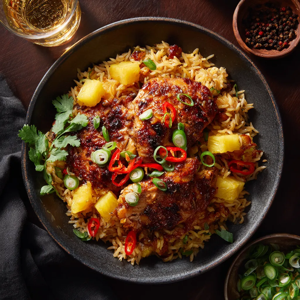 A delicious plate of Pineapple Chicken And Rice is shown as the featured image for a recipe article.