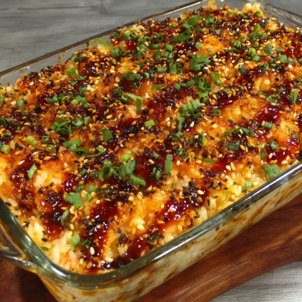 A delicious Salmon Sushi Bake sits ready to be served as the featured image for the recipe.